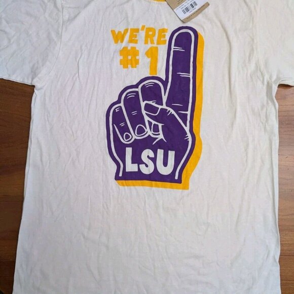LSU TIGERS We're #1 Shirt Mens Medium White Purple Ringer Finger Retro Style - Picture 2 of 16